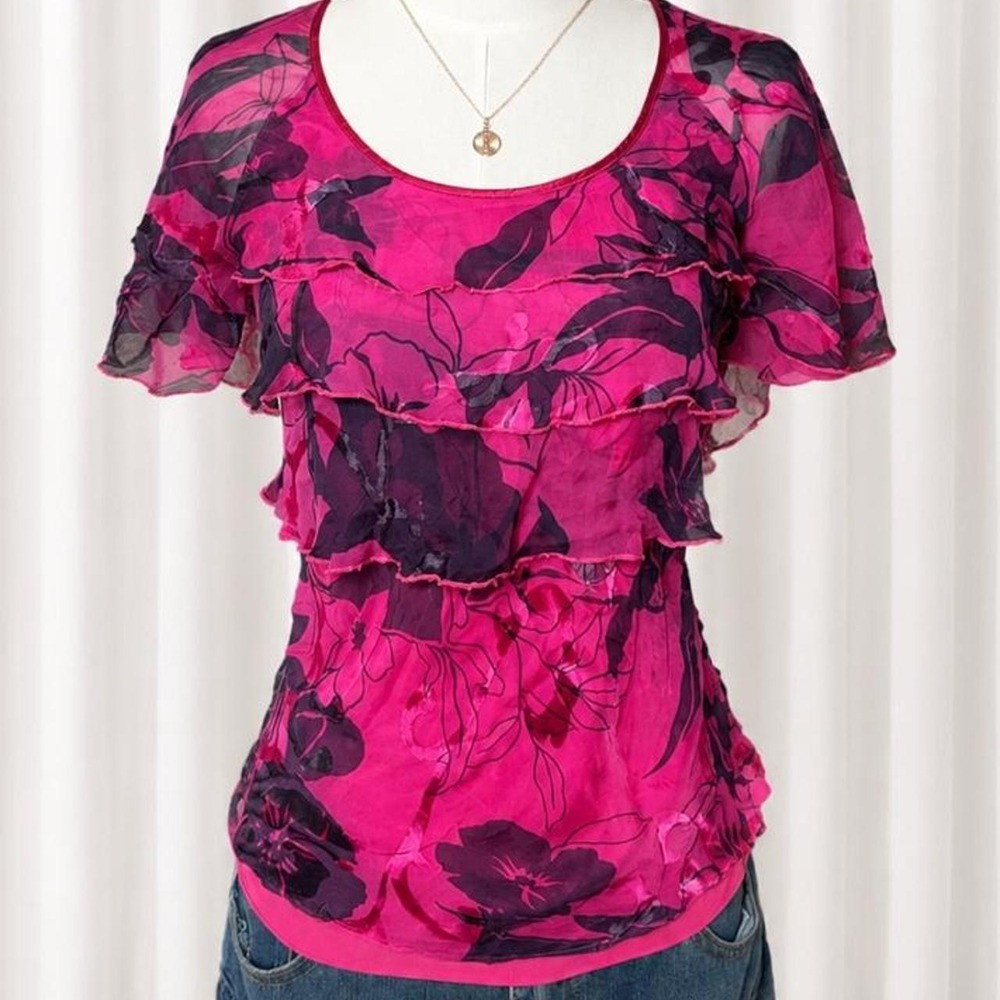 Y2K Euro Hot Pink Floral Mesh Ruffle Top